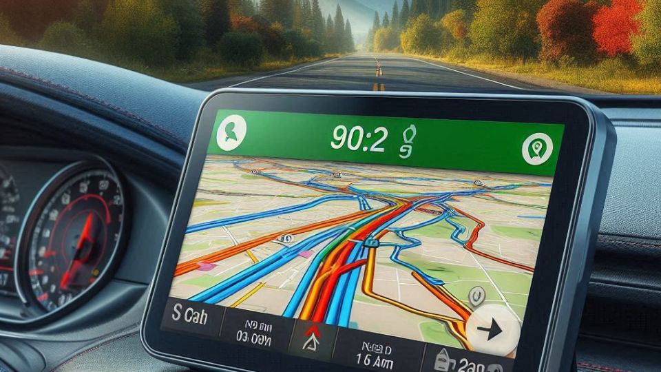 Navegador GPS no painel de um veículo - Imagem criada com Inteligência Artificial