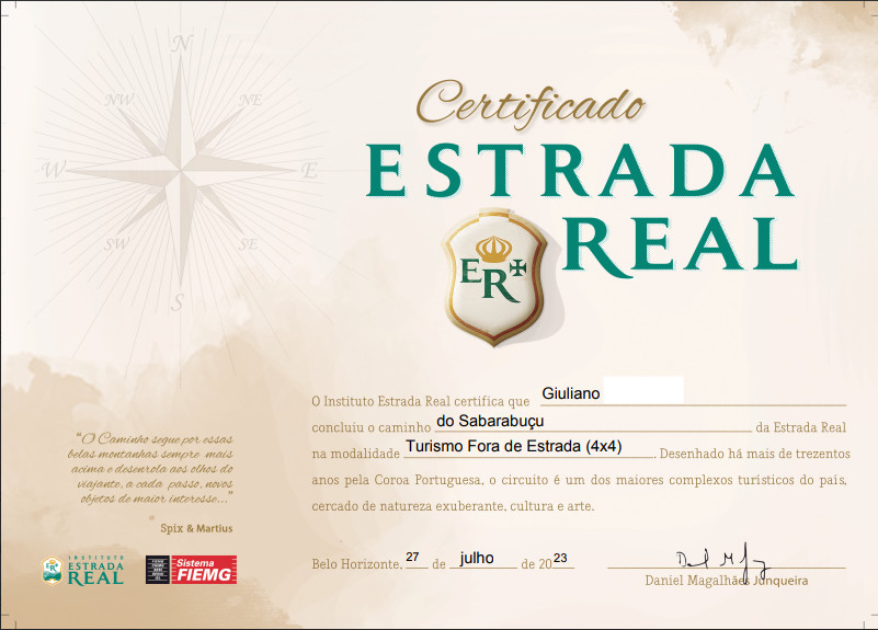 A imagem mostra o Certificado do Caminho do Sabarabuçu - Estrada Real