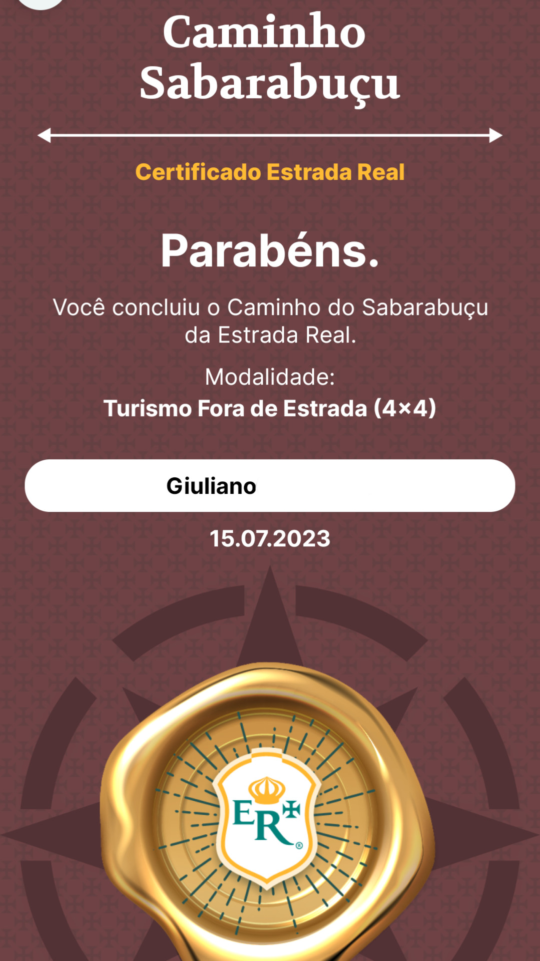 A imagem mostra o Certificado Digital do Caminho do Sabarabuçu no Aplicativo Estrada Real