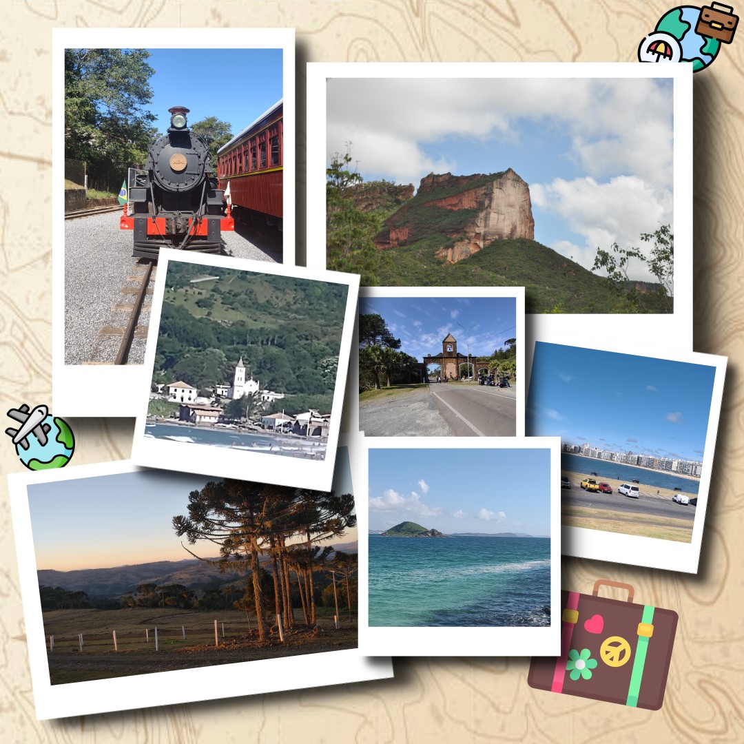Colagem de fotos com imagens do Jalapão, Trem das Águas, Garopaba, Monteviéu e outros destinos