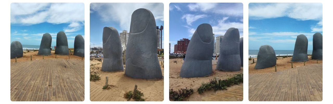 [Montagem de fotos de Los Dedos ("A Mão") na Praia Brava]