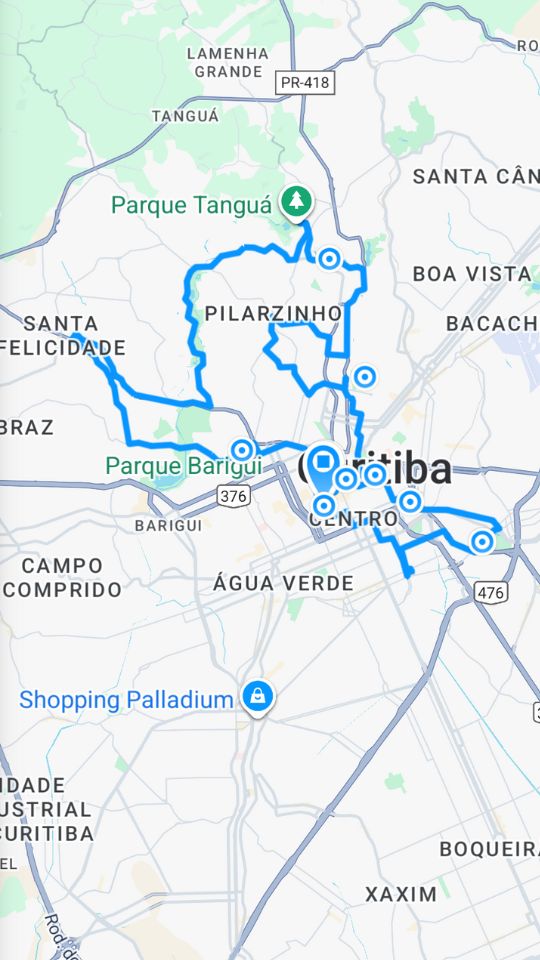 Mapa da Linha Turismo de Curitiba feito com o aplicativo Geo Tracker