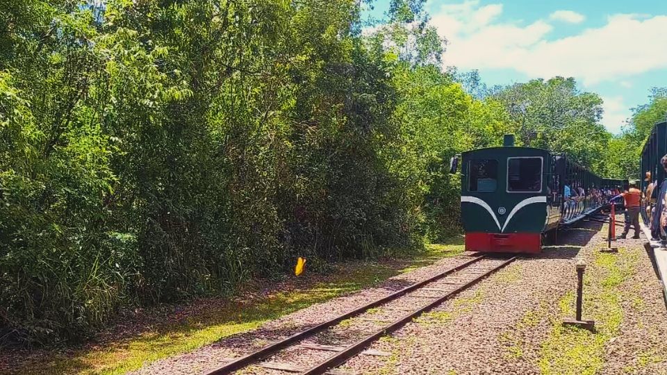 O Charmoso trem Verde que transporta os visitantes no parque
