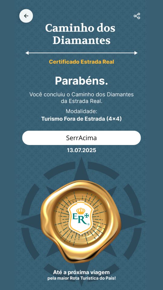A imagem mostra o Certificado Digital do Caminho dos Diamantes no Aplicativo Estrada Real