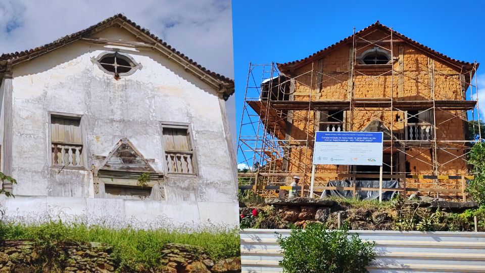 Imagem da Igreja Matriz de São José em 2022 abandonada e 2025 em reforma