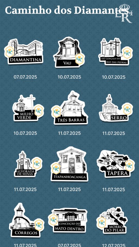 A imagem mostra os carimbos virtuais do Caminho dos Diamantes no Aplicativo Estrada Real