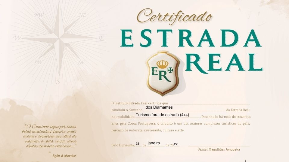 A imagem mostra o Certificado do Caminho do Sabarabuçu - Estrada Real